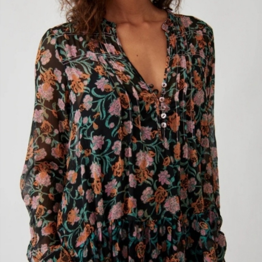 Free People Black and Pink Relaxed Buttoned Blouse
